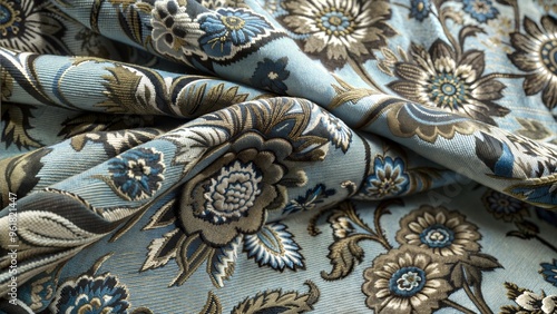 Elegant floral fabric texture in blue and beige tones for design inspiration 