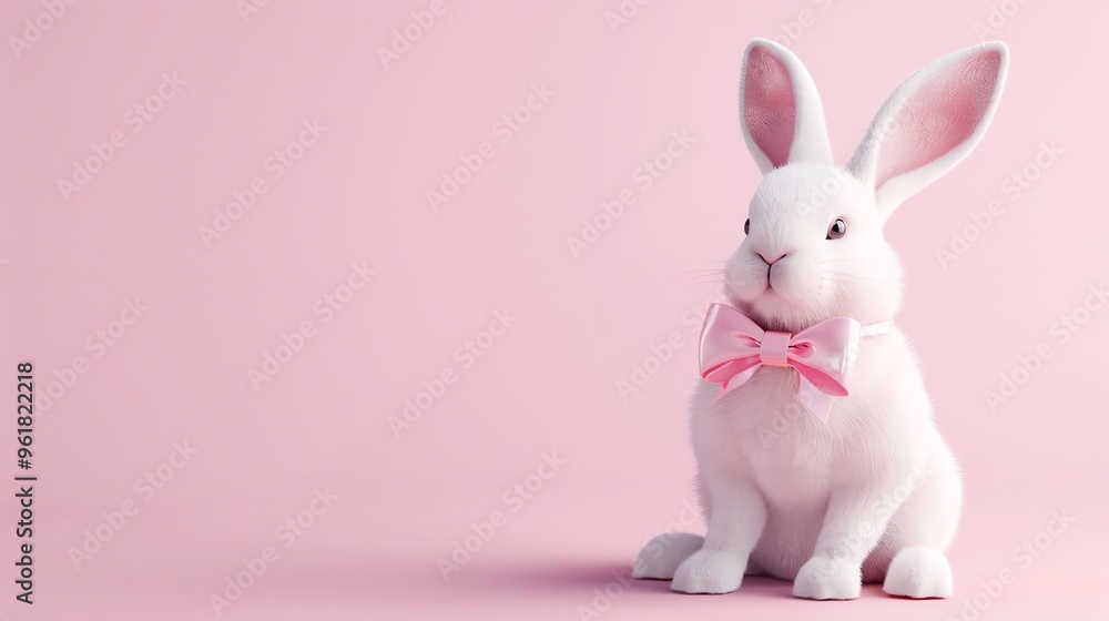 A cute white rabbit with a pink bow tie sits on a pink background. A cute white rabbit with a pink bow tie sits on a pink background.