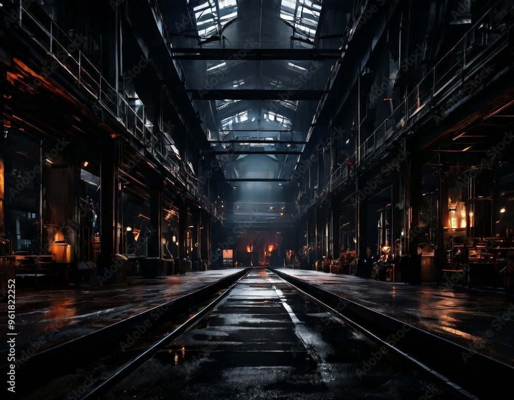 train track in dark industrial area train track in dark industrial area