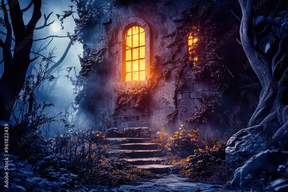 Old stone fantasy house glowing under moonlight in forest Old stone fantasy house glowing under moonlight in forest