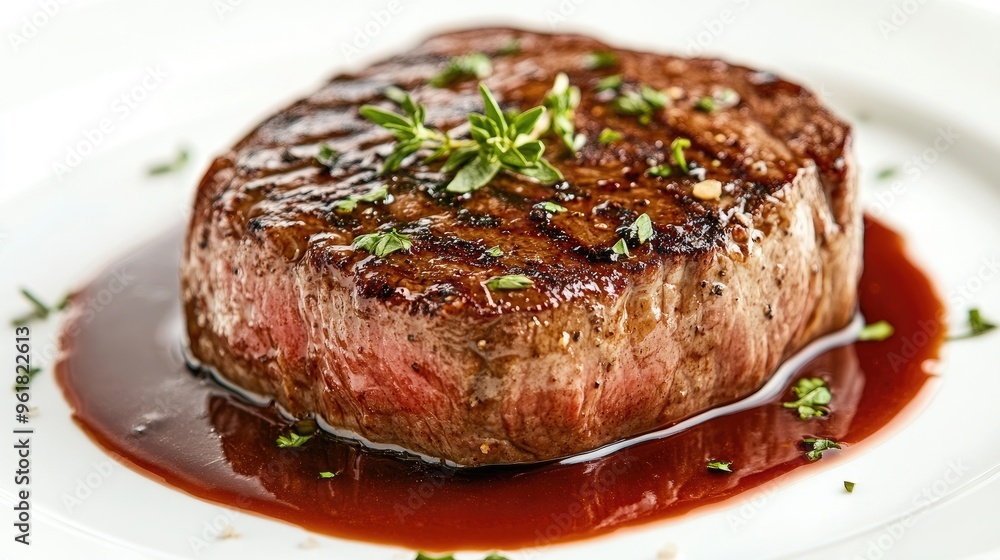Juicy, perfectly cooked steak on a clean white plate, garnished with fresh herbs and a drizzle of sauce. Elegant presentation on a white background. Juicy, perfectly cooked steak on a clean white plate, garnished with fresh herbs and a drizzle of sauce. Elegant presentation on a white background.