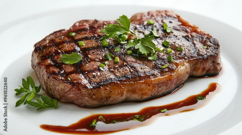 Juicy, perfectly cooked steak on a clean white plate, garnished with fresh herbs and a drizzle of sauce. Elegant presentation on a white background. Juicy, perfectly cooked steak on a clean white plate, garnished with fresh herbs and a drizzle of sauce. Elegant presentation on a white background.