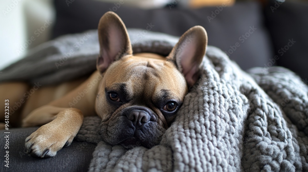 A relaxed dog lying on a couch under a cozy blanket, exuding comfort and tranquility. A relaxed dog lying on a couch under a cozy blanket, exuding comfort and tranquility.