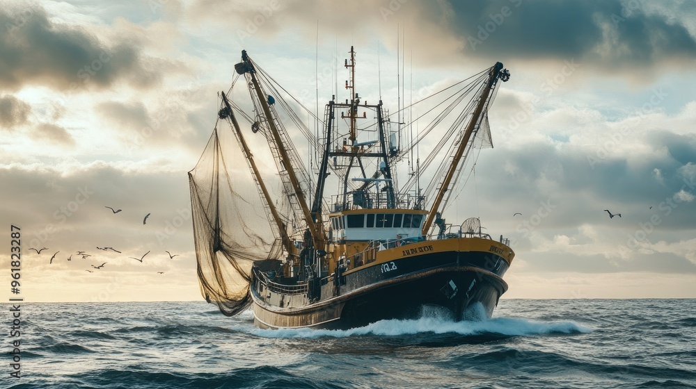 Obraz premium Large fishing trawler operating in the open ocean, with nets extended and a sense of scale against the expansive sea