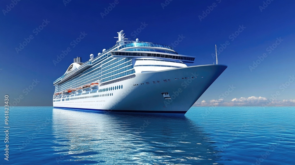Large luxury cruise ship gliding through calm, deep blue waters with a clear sky and distant horizon, emphasizing its grandeur. Large luxury cruise ship gliding through calm, deep blue waters with a clear sky and distant horizon, emphasizing its grandeur.