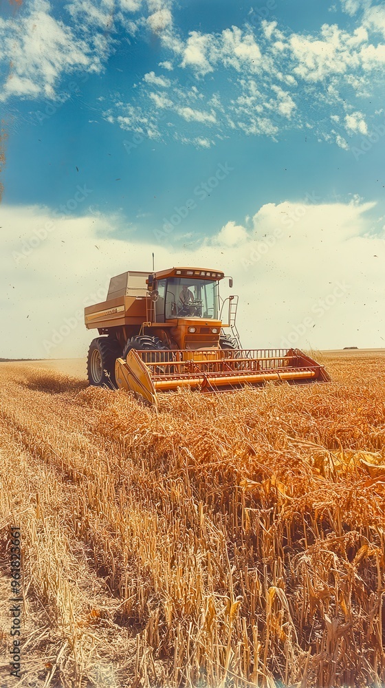 Fototapeta premium Combine harvester is harvesting wheat on a sunny day