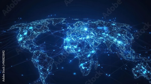 High tech network graph showing global business connections investment flows with digital nodes and links