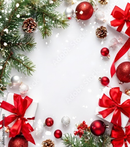 christmas background with red and white balls, fir branches bows