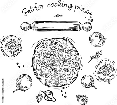 Illustration set for cooking pizza