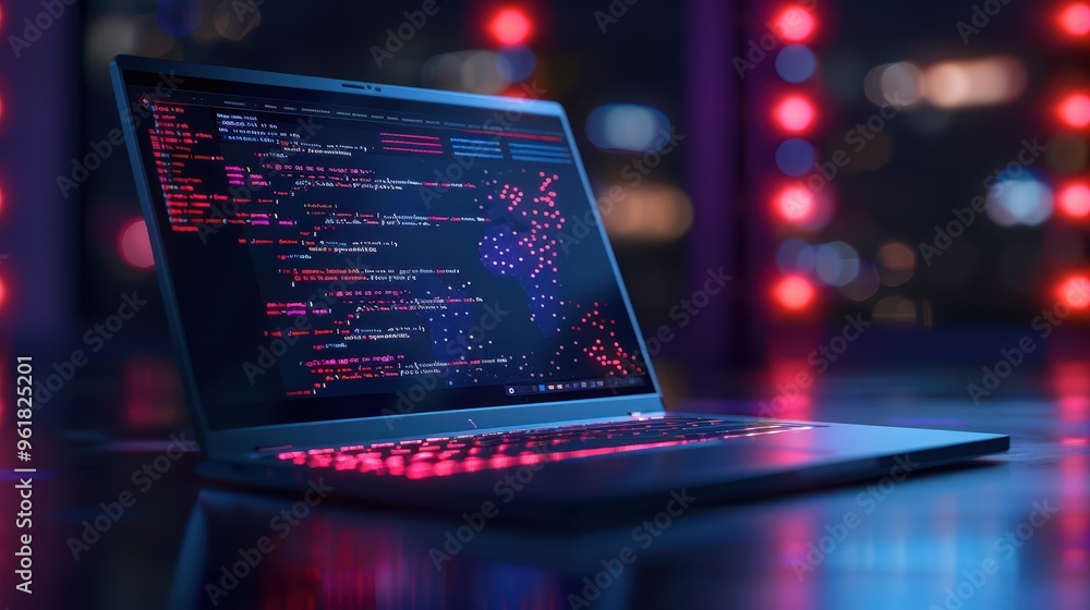 Sleek Modern Laptop with Code on Screen in a Dimly Lit Room with Red and Blue Lights Sleek Modern Laptop with Code on Screen in a Dimly Lit Room with Red and Blue Lights