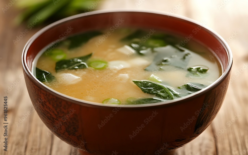 Comforting Traditional Japanese Miso Soup in Bowl on Light Wood Background Close-Up - High-Resolution Stock Photo Comforting Traditional Japanese Miso Soup in Bowl on Light Wood Background Close-Up - High-Resolution Stock Photo