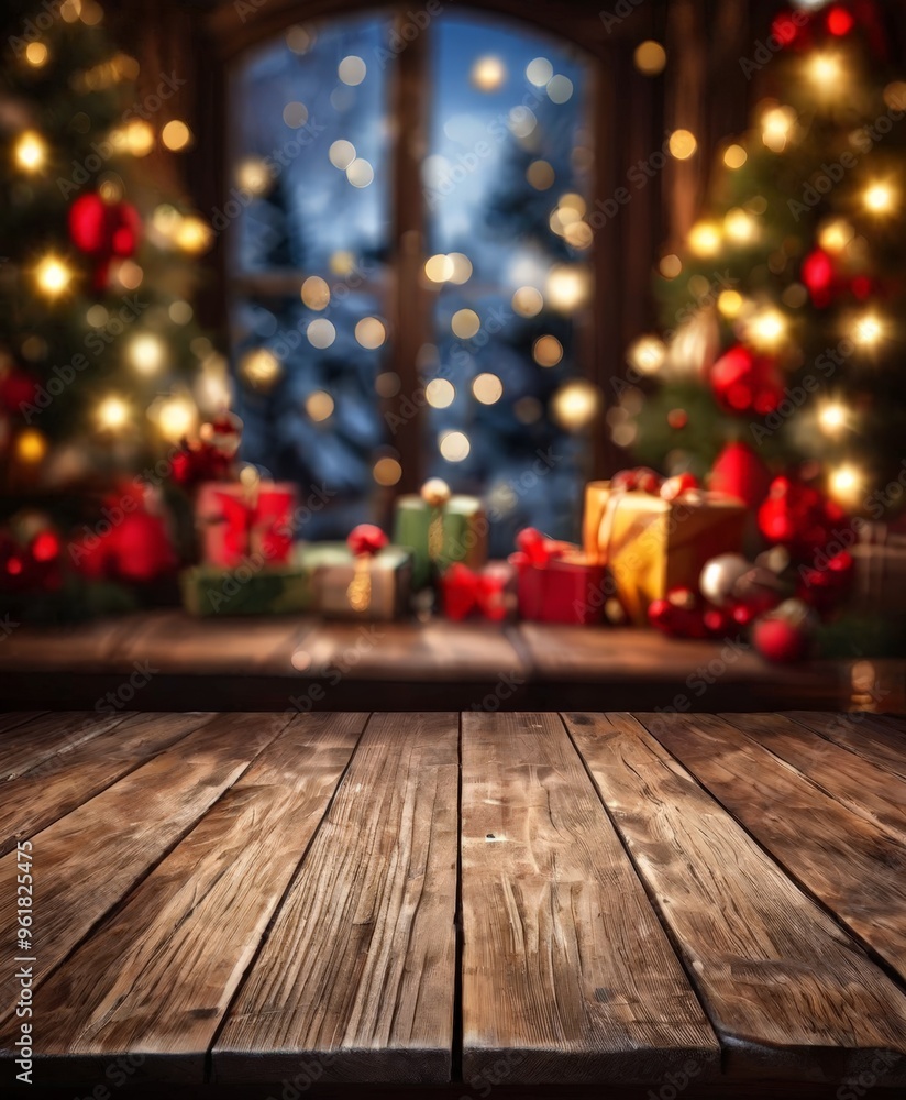christmas tree and presents on wooden table with blurred background christmas tree and presents on wooden table with blurred background