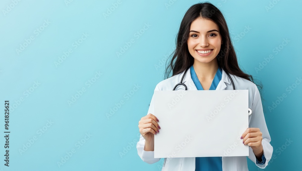 Smiling female doctor holding blank sign on blue background Smiling female doctor holding blank sign on blue background