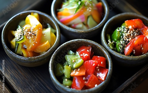 Elegant Japanese Pickled Vegetables on Small Dishes - High-Resolution Stock Photo with Dark Wood Background, Close-Up Shot of Traditional Asian Cuisine