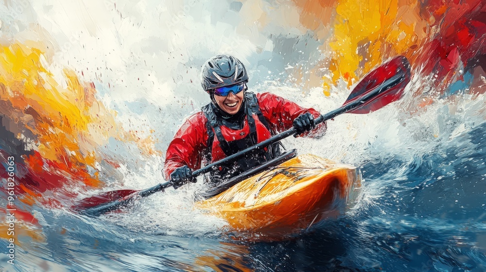A thrill-seeking kayaker navigates rough waters with a joyful expression on a bright day A thrill-seeking kayaker navigates rough waters with a joyful expression on a bright day
