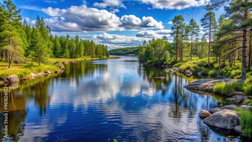 Scenic view of a tranquil river landscape in Fjarnebofjarden national park, Sweden, river, landscape, scenic