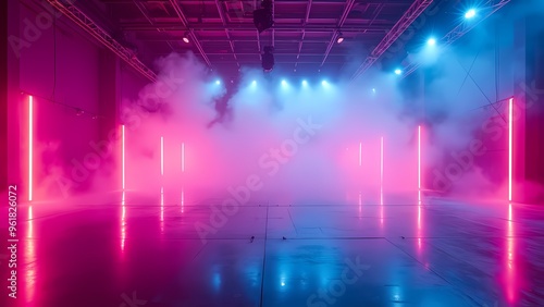 Neon Lit Venue with Pink and Blue Laser Beams Reflecting on Sleek Surfaces in Foggy Atmosphere