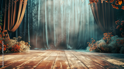 Enchanted wooden stage curtains forest autumn foggy backdrop mystic scene rustic nature floral muted dramatic event theater empty copy space banner background photo