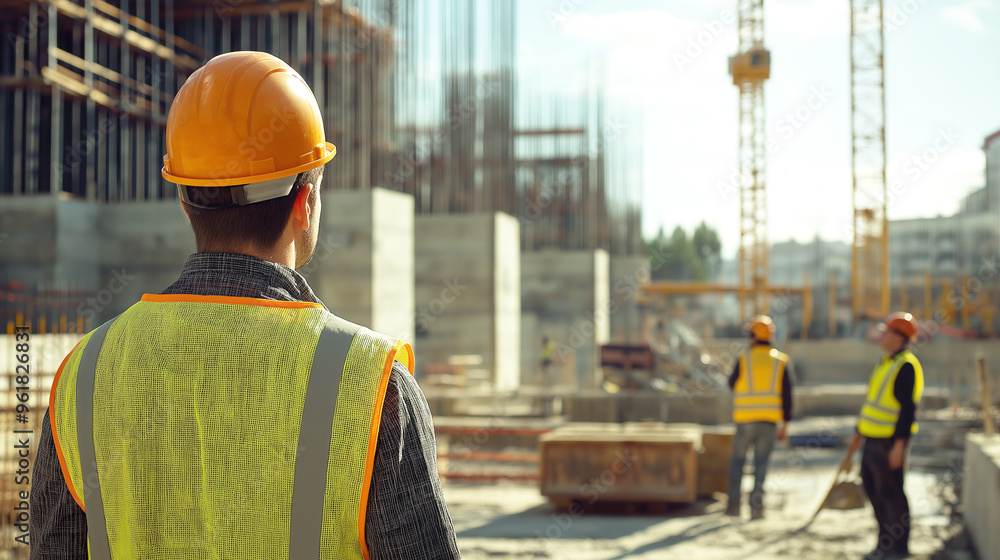 A construction crew in safety vests and helmets, in a photo-realistic setting, preparing to start their tasks together on a large-scale construction site. A construction crew in safety vests and helmets, in a photo-realistic setting, preparing to start their tasks together on a large-scale construction site.