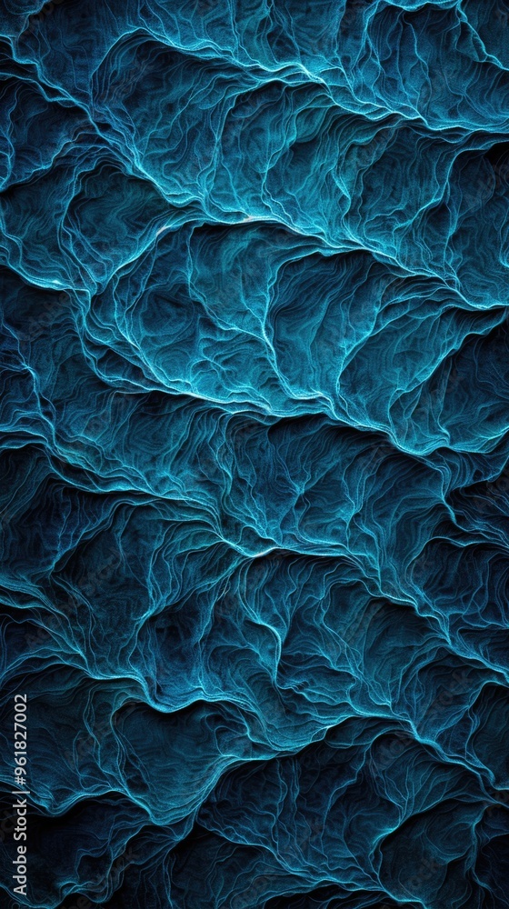 The image is a blue and white abstract painting of ocean waves The image is a blue and white abstract painting of ocean waves