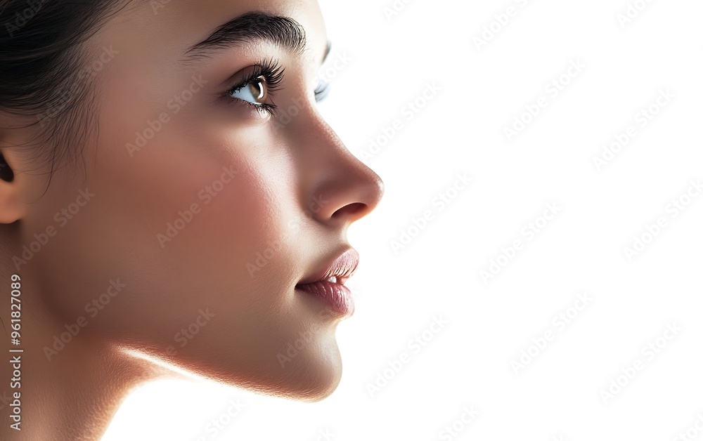 Serene Profile Portrait of Woman with Soft Shadows on White Background Serene Profile Portrait of Woman with Soft Shadows on White Background