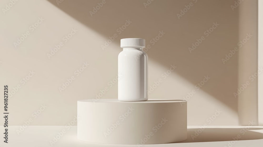 mockup of a plain white medicine bottle neatly placed on a podium on a neutral background mockup of a plain white medicine bottle neatly placed on a podium on a neutral background