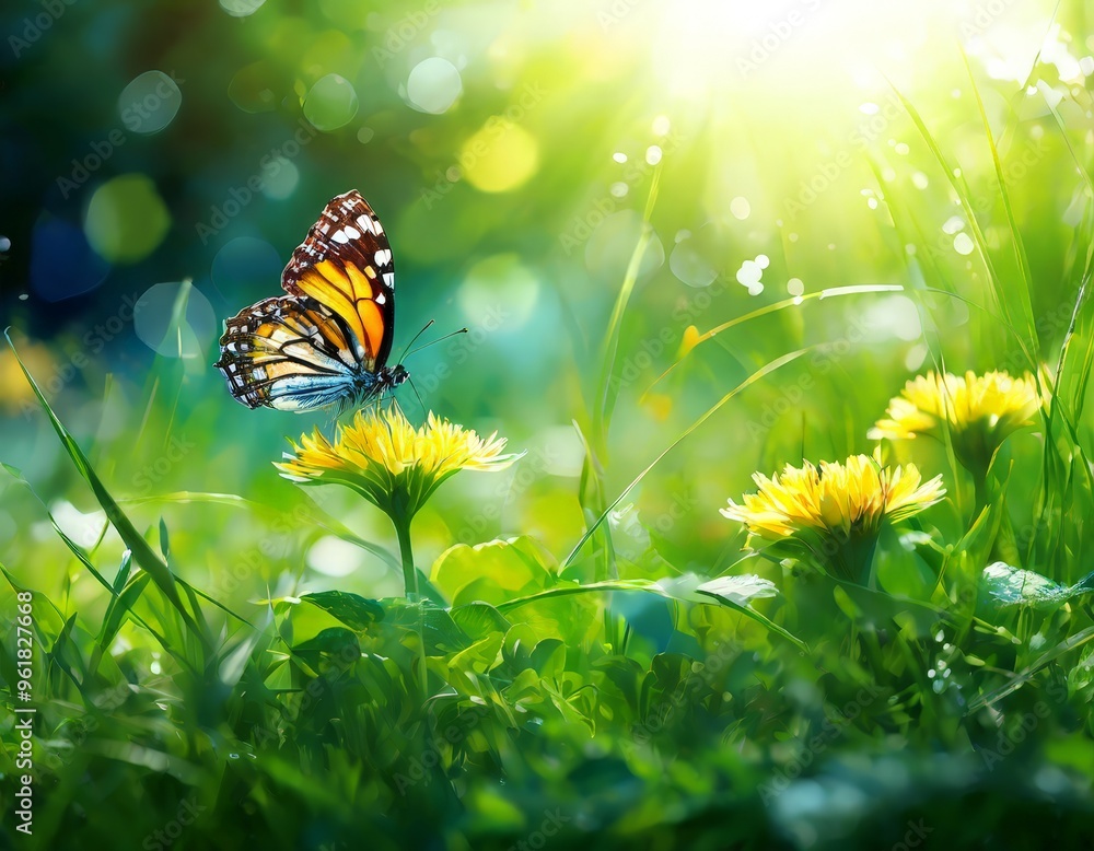 butterfly flying over field dansies butterfly flying over field dansies