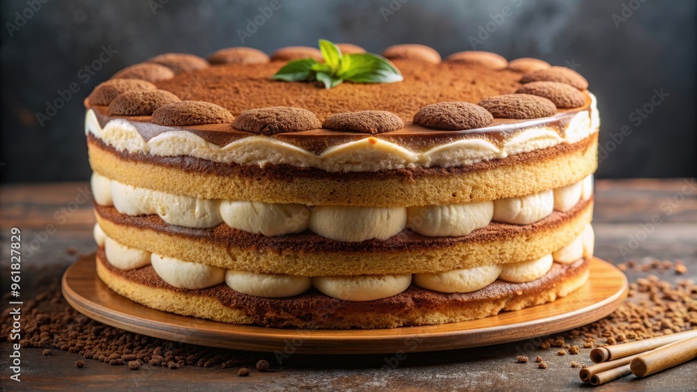 Decadent tiramisu cake with layers of coffee-soaked ladyfingers, creamy mascarpone cheese, and dusted with cocoa powder Decadent tiramisu cake with layers of coffee-soaked ladyfingers, creamy mascarpone cheese, and dusted with cocoa powder