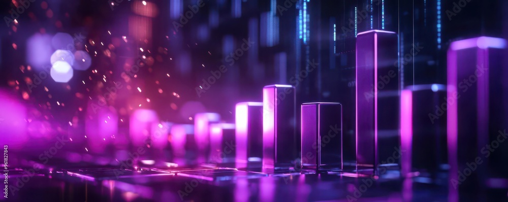 Growth chart in 3D, rising bars made of glowing cubes representing scalability, neon lighting, cyberpunk Growth chart in 3D, rising bars made of glowing cubes representing scalability, neon lighting, cyberpunk