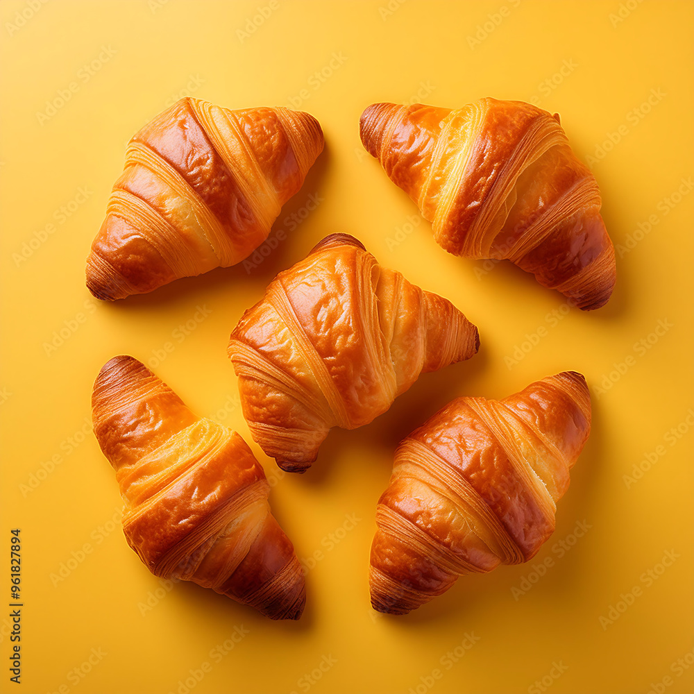Top view of freshly baked croissants on a yellow background, symbolizing bakery and breakfa_1(867) Top view of freshly baked croissants on a yellow background, symbolizing bakery and breakfa_1(867)