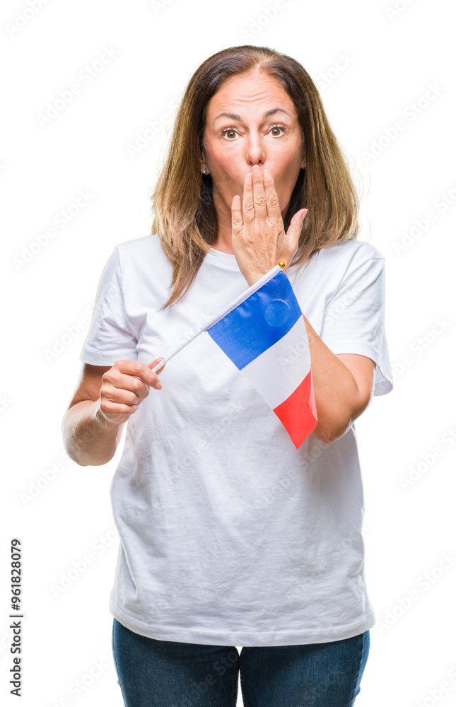Middle age hispanic woman holding flag of France over isolated background cover mouth with hand shocked with shame for mistake, expression of fear, scared in silence, secret concept Middle age hispanic woman holding flag of France over isolated background cover mouth with hand shocked with shame for mistake, expression of fear, scared in silence, secret concept