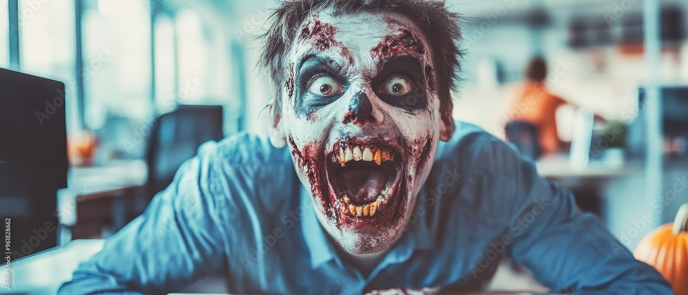 Scary office worker zombie screaming spreading virus in open space Scary office worker zombie screaming spreading virus in open space