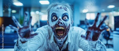 Scary office worker zombie screaming spreading virus in open space