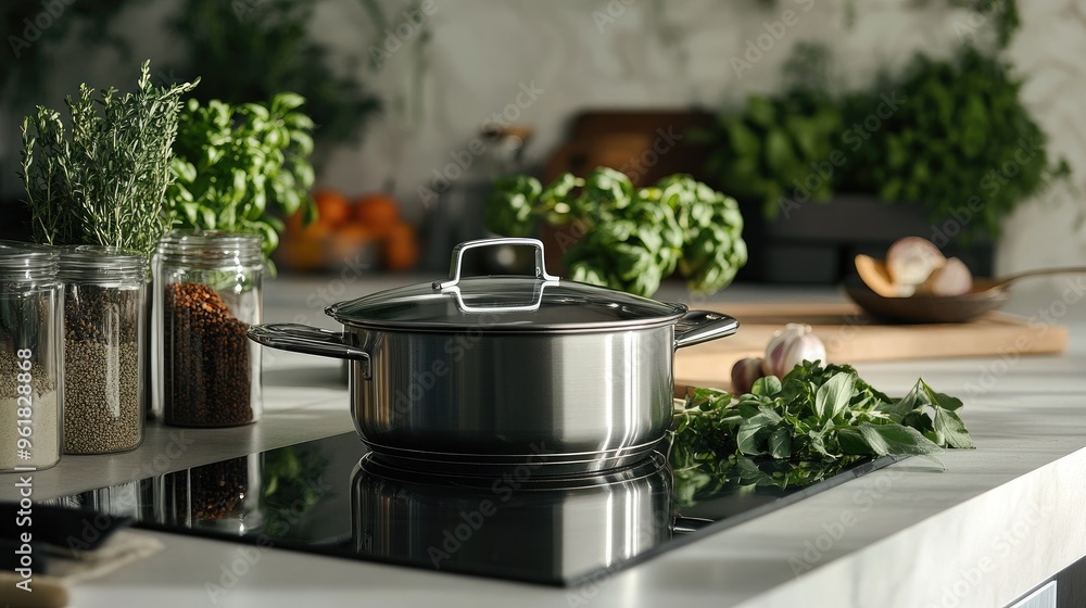 Modern saucepan with a glass lid on a stove, with an assortment of fresh herbs and spices beside it, emphasizing culinary preparation and kitchen efficiency. Modern saucepan with a glass lid on a stove, with an assortment of fresh herbs and spices beside it, emphasizing culinary preparation and kitchen efficiency.