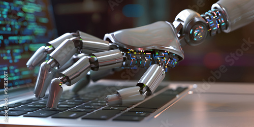   Robot hand typing on laptop with finger:wallpaper image  