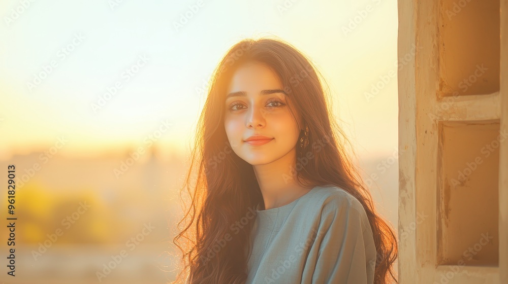 A young woman stands by a window, basking in the warm glow of a sunset, radiating beauty and tranquility. A young woman stands by a window, basking in the warm glow of a sunset, radiating beauty and tranquility.