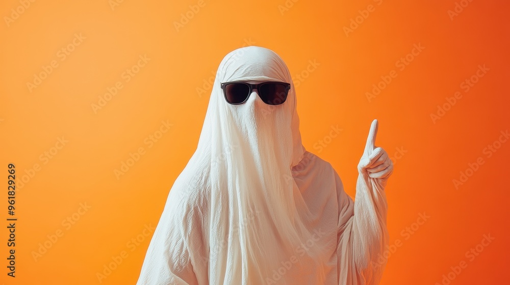 Ghost wearing sunglasses pointing up with index finger on orange background Ghost wearing sunglasses pointing up with index finger on orange background