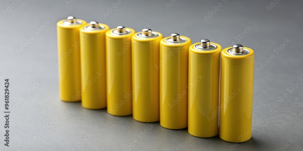 Yellow nine volt and AA size batteries on grey background, power, energy, battery, electric, technology, isolated, alkaline, electrical Yellow nine volt and AA size batteries on grey background, power, energy, battery, electric, technology, isolated, alkaline, electrical