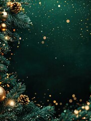 Beautiful dark green Christmas background with shining decoration and empty space. Golden glitter, confetti. Copy space for your text. Merry Xmas, Happy New Year. Festive backdrop.