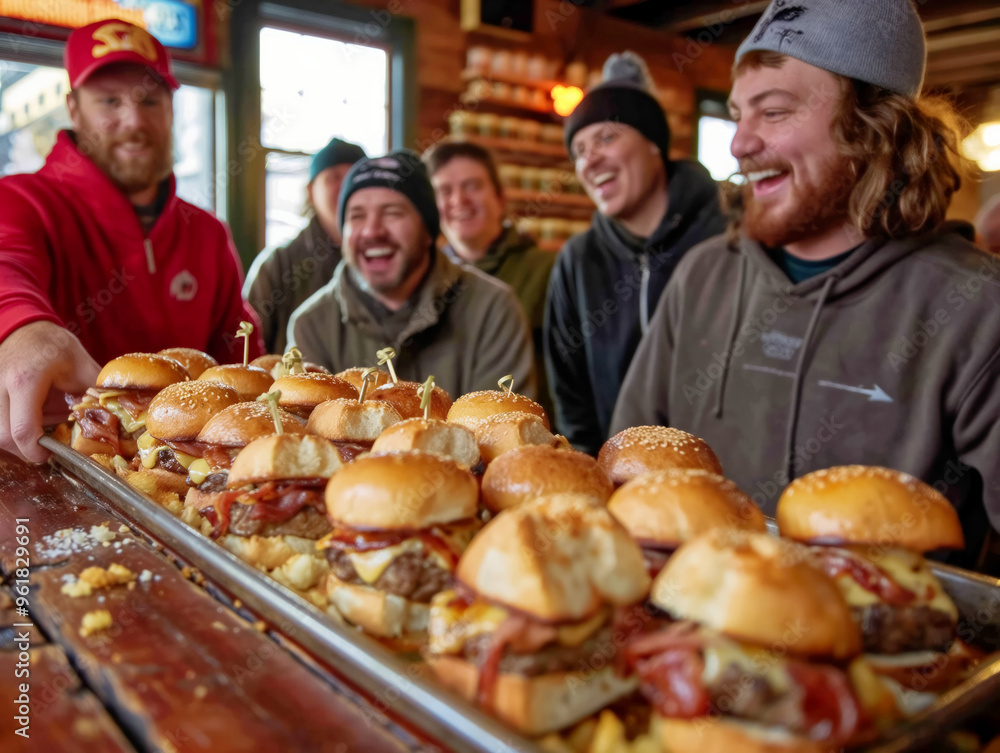 A group of men are smiling and holding a tray of hamburgers A group of men are smiling and holding a tray of hamburgers