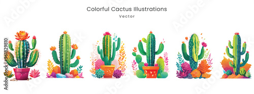 Colorful Cactus Vector Set with Flowers on White Background