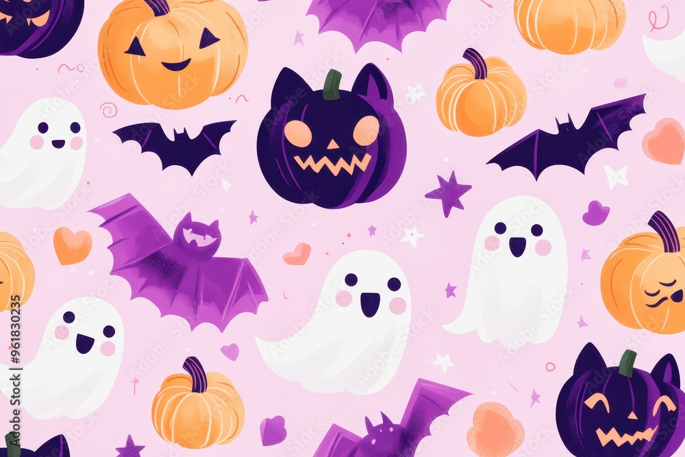 Seamless pattern with cute halloween ghosts, bats and pumpkins smiling and celebrating Seamless pattern with cute halloween ghosts, bats and pumpkins smiling and celebrating