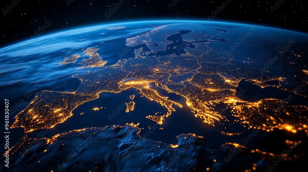 Map of the Europe continent with glowing lights in yellow and orange Map of the Europe continent with glowing lights in yellow and orange