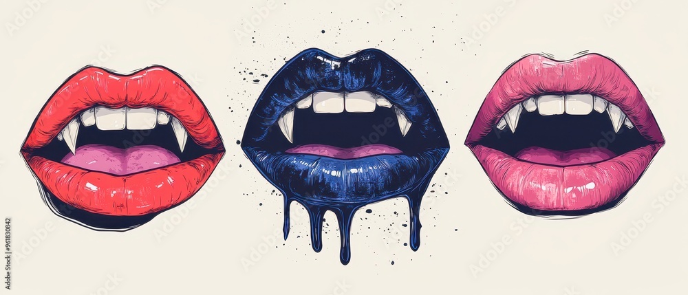 Three pairs of vampire lips showing fangs with different lipstick colors Three pairs of vampire lips showing fangs with different lipstick colors