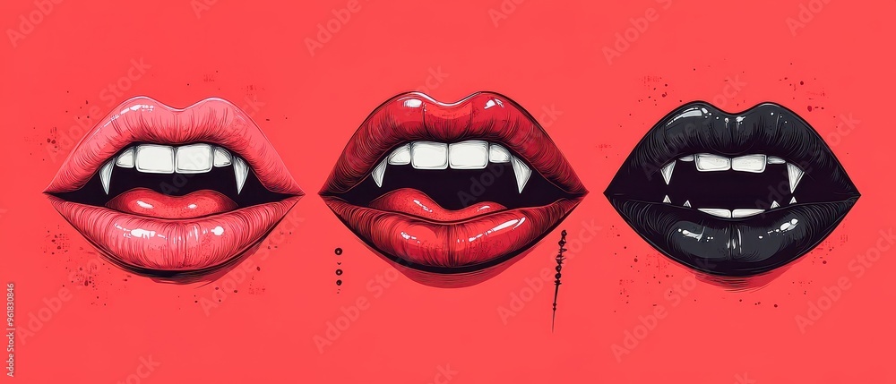 Fototapeta premium Three pairs of vampire lips showing fangs with different lipstick colors