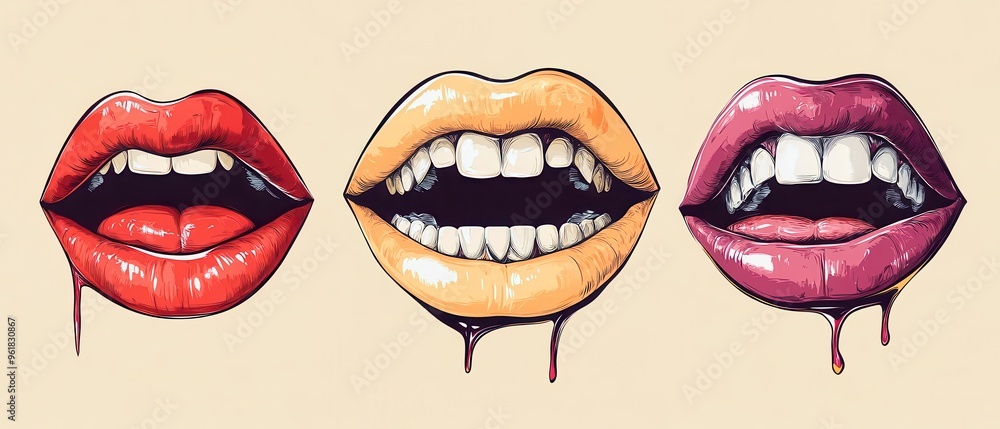 Three pairs of vampire lips showing fangs with different lipstick colors
