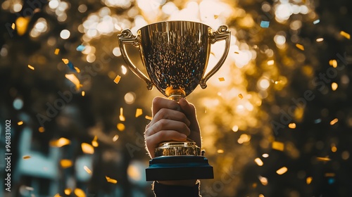Hand Holding a Trophy: A victorious hand holding up a shiny gold trophy, with confetti falling in the background.
