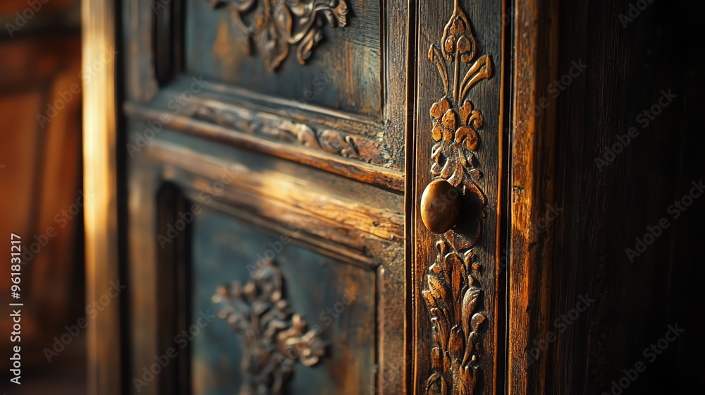 Close-up of Intricate Carved Wooden Door with a Brass Knob Close-up of Intricate Carved Wooden Door with a Brass Knob