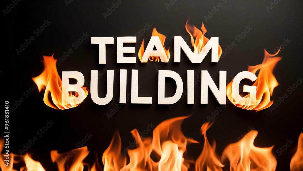 team building word made of fire flame on black background team building word made of fire flame on black background