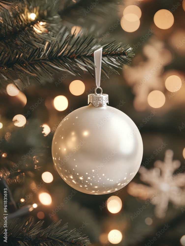 Christmas white glossy round bauble ornament on christmas tree with decoration and blurred bokeh lights background. Christmas white glossy round bauble ornament on christmas tree with decoration and blurred bokeh lights background.